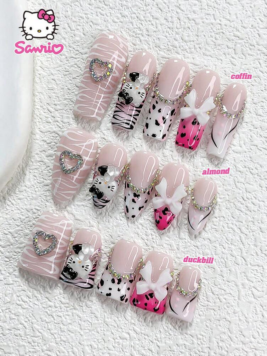 10pcs Sanrio Pink Hello Kitty Press On Nails, Duckbill Almond Square Mix With Bow Heart Rhinestones, Pink Leopard Ice Clear French Nails
