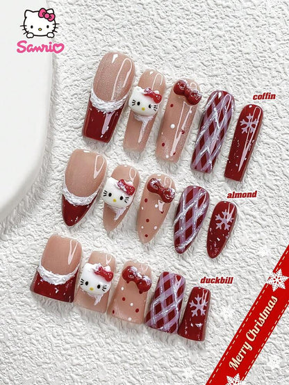 10pcs Sanrio Christmas Press-On Nails, 3D Hello Kitty Cat Eye Red Bow Design, Handmade Snow Polka Dot French Tips, Cute Holiday Nail Set for Parties