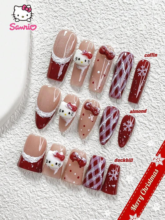 10pcs Sanrio Christmas Press-On Nails, 3D Hello Kitty Cat Eye Red Bow Design, Handmade Snow Polka Dot French Tips, Cute Holiday Nail Set for Parties