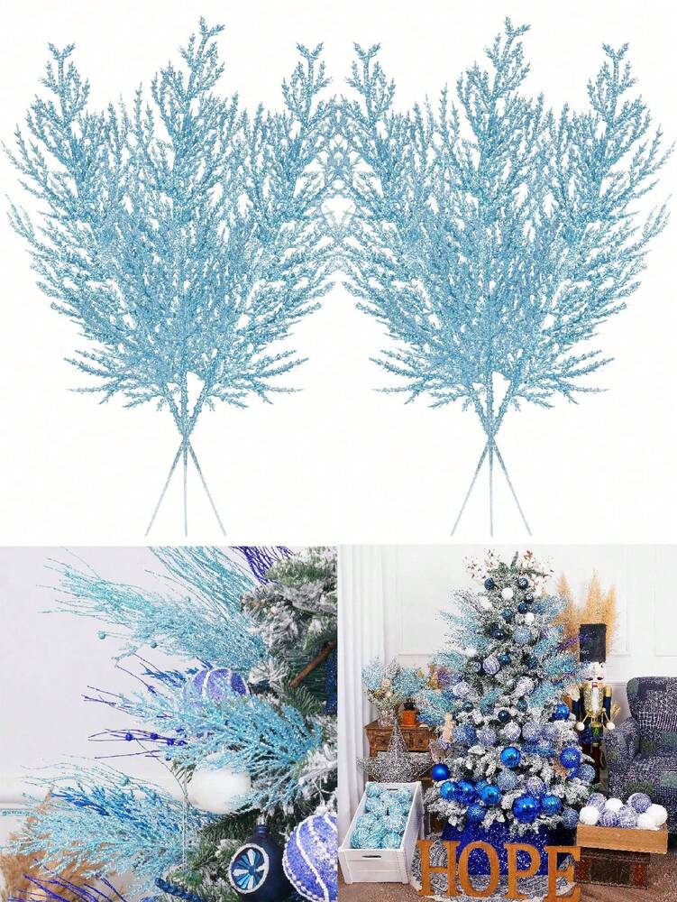 20pcs Glitter Cedar Pine Needles with Sequins, Artificial Blue and Pink Leaves for DIY Garlands, Wedding Bouquets, and Winter Holiday Home Decor