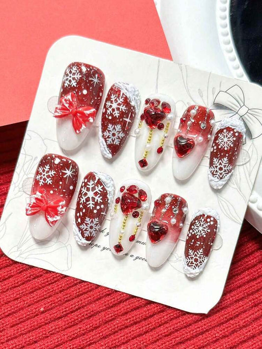 10pcs Medium Oval Press On Nails, Red And White Christmas Theme With Snowflakes Hearts And Bows, Handmade Acrylic Nail Set With Glue & File