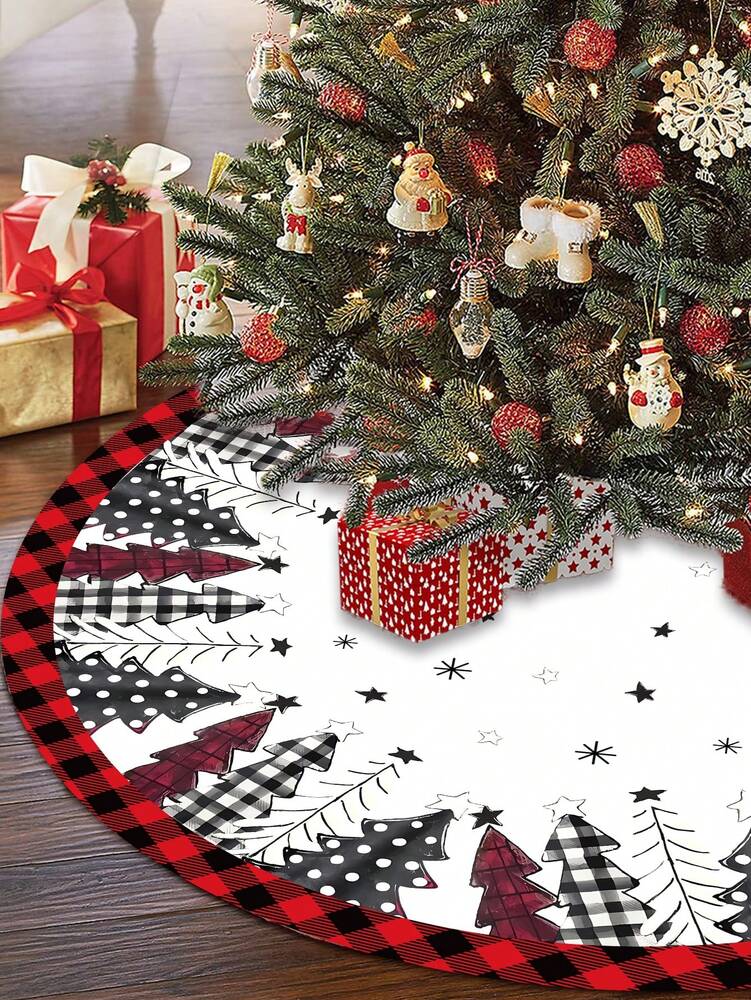 Red & Black Plaid Christmas Tree Skirt, Snowflake Pattern Round Tree Mat, Soft Decorative Base Cover for Living Room & Winter Holiday Home Decor
