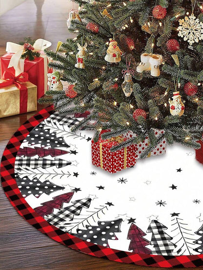 Red & Black Plaid Christmas Tree Skirt, Snowflake Pattern Round Tree Mat, Soft Decorative Base Cover for Living Room & Winter Holiday Home Decor