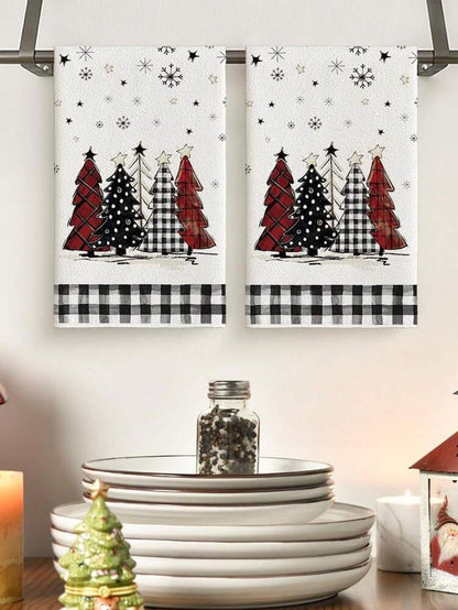 2pcs Buffalo Plaid Christmas Kitchen Towels, Santa & Tree Themed Cotton Dish Towels for Seasonal Cooking, Baking & Holiday Home Decor