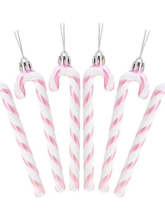 12pcs Pink Glitter Candy Cane Christmas Ornaments, 5.5" Plastic Hanging Decorations for Christmas Trees & Holiday Displays