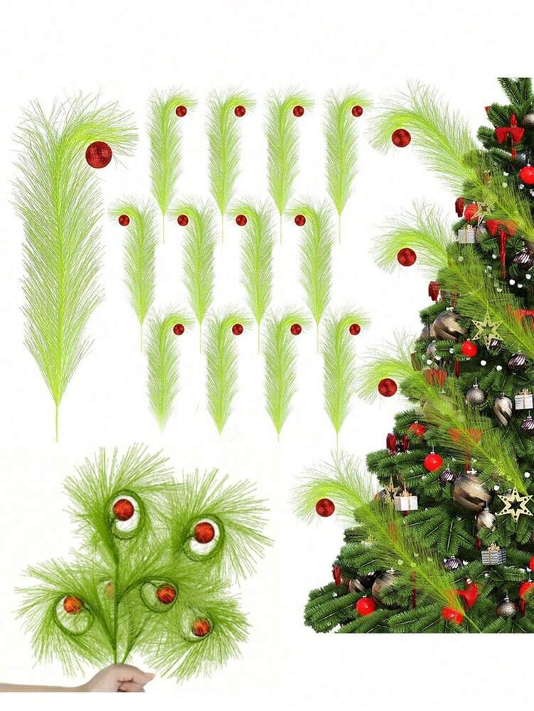 20pcs Christmas Elf Twig Set, Green & Red Artificial Branches with Flashing Orbs for DIY Christmas Tree Toppers, Garlands & Holiday Decor