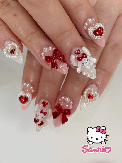 24pcs Medium Almond Press On Nails, 3D Cute Kitty And Puppy Design With Pearl Bow Heart Gems, Sweet Nail Set For Women Date Party Wear