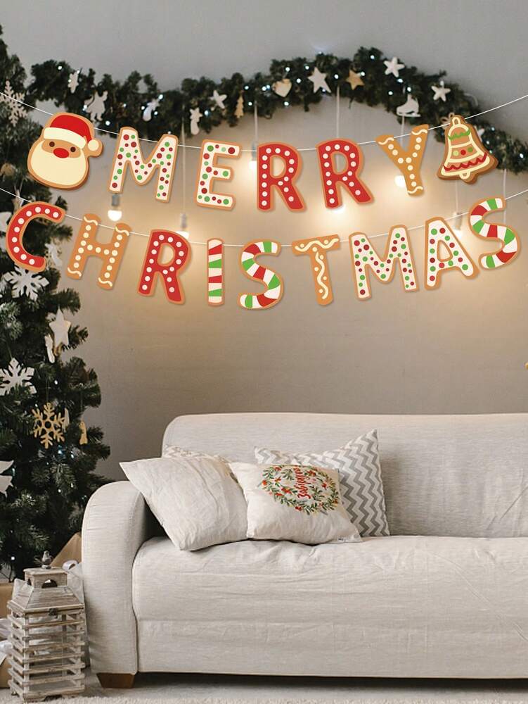 Merry Christmas Pennant Flag Banner, Santa Claus and Gingerbread Design, Festive Party Garland for Holiday Celebrations and Home Decor