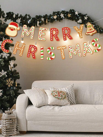 Merry Christmas Pennant Flag Banner, Santa Claus and Gingerbread Design, Festive Party Garland for Holiday Celebrations and Home Decor