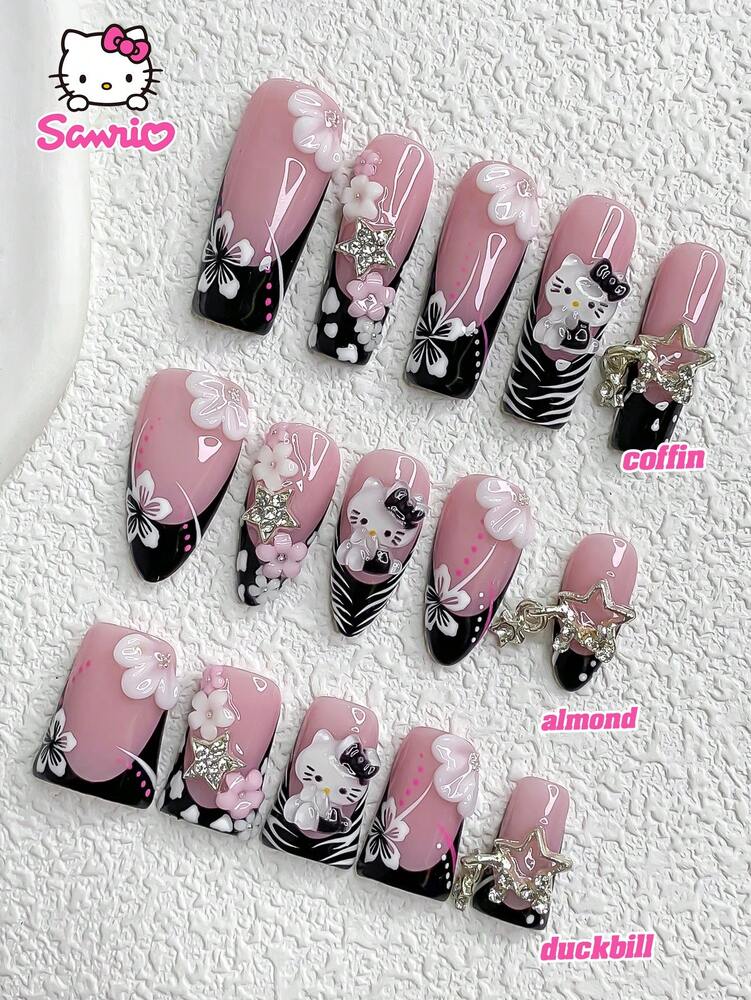 10pcs Sanrio Gothic Press On Nails, Almond Duckbill Square Shapes With Kitty Rhinestones And Zebra Pattern, Kawaii Dark French Nail Set