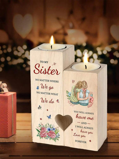 Wooden Heart Candle Holder Gift for Sister, Elegant Birthday or Thanksgiving Remembrance Keepsake, Best Friend or Family Gift (Candles Not Included)