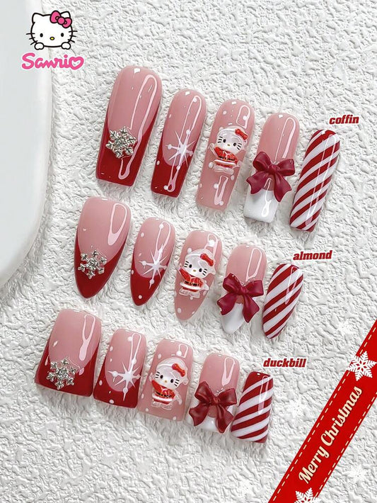 10pcs Sanrio Christmas Press On Nails, 3D Hello Kitty Red Bow And Snowflake Charms, Handmade French Tips For Winter Party Nail Art