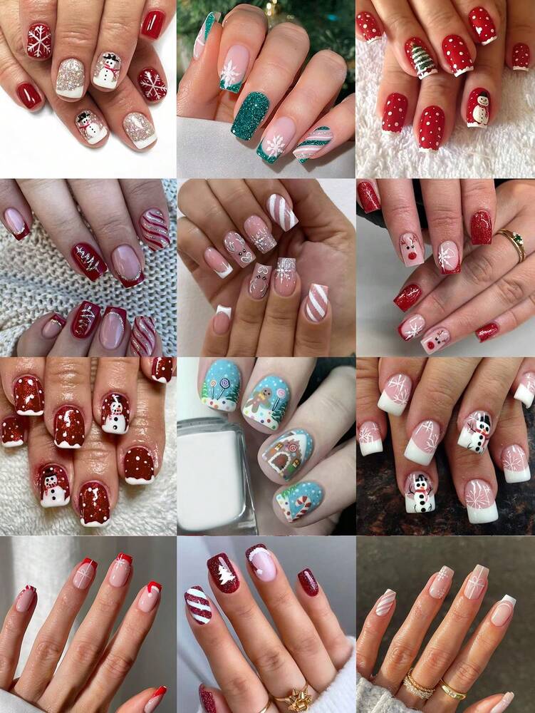 288pcs Short Square Mixed Christmas Press On Nails, Gingerbread Santa Snowman Light Strip Elk Theme, Large Acrylic Nail Set For Holiday Gift