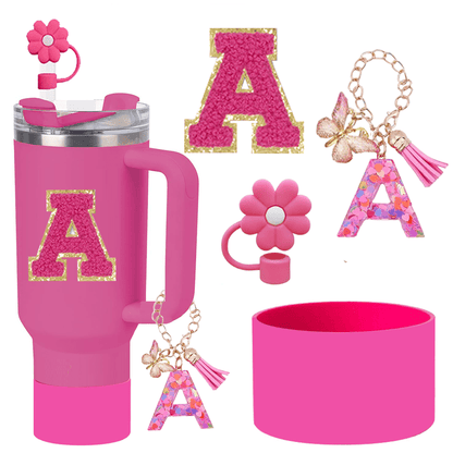 A–Z Cup Accessory Set (4pcs) with Straw Cap, Letter Pendant, Silicone Cup Boot, and Letter Sticker, Personalized Surprise Gift for Friends and Family