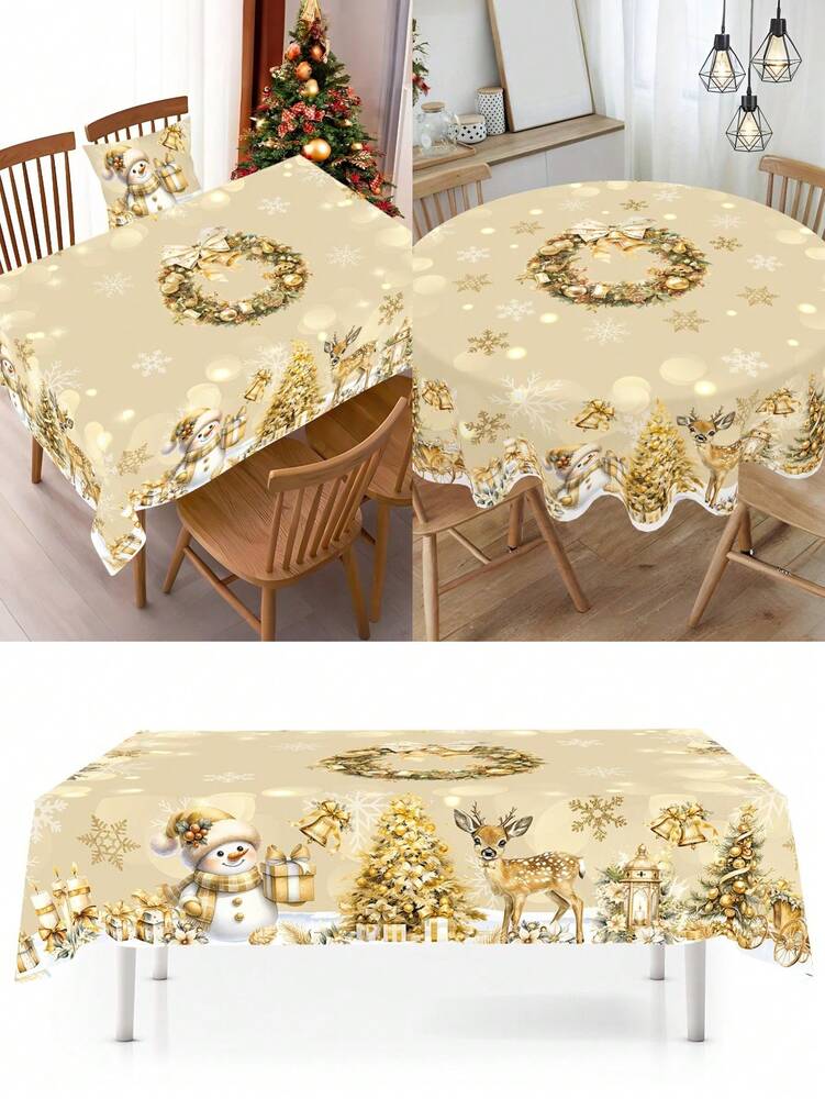 Festive Christmas Tablecloth with Snowman & Reindeer Wreath Design, Polyester Winter Table Cover for Dining Room & Kitchen Holiday Decor