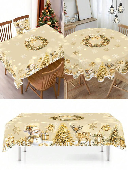Festive Christmas Tablecloth with Snowman & Reindeer Wreath Design, Polyester Winter Table Cover for Dining Room & Kitchen Holiday Decor