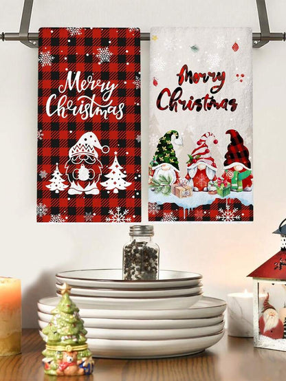 2pcs Christmas Gnome Hand Towels, Red & Black Plaid Microfiber Kitchen & Bathroom Towels, Soft Absorbent Holiday Home Decor