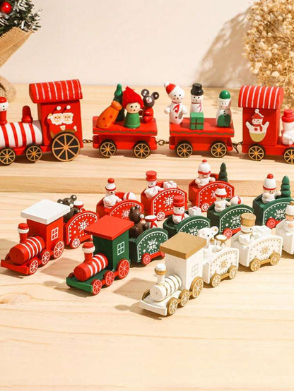 Christmas Wooden Train Ornament, Four-Section Holiday Decoration for Table, Fireplace & Garden Christmas Home or Office Decor
