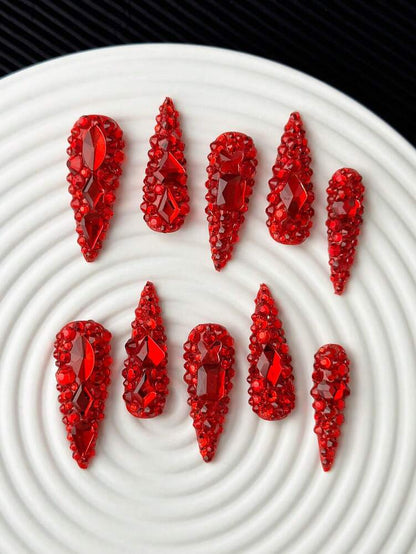 10pcs Long Stiletto Press On Nails, Red Rhinestone Glitter Nail Tips, Handmade 3D Shiny Acrylic Nails For Women Party Or DIY Manicure