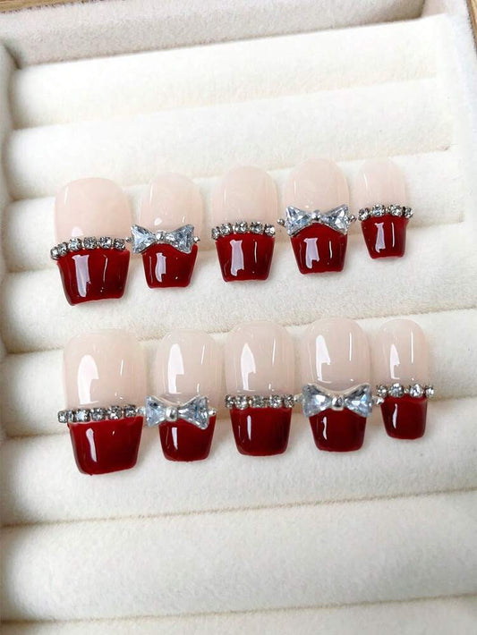10pcs Short Trapezoid Press On Nails, Wine Red Crystal Bow Design, Elegant Princess Style Handmade Nails For Women Daily Party Wear