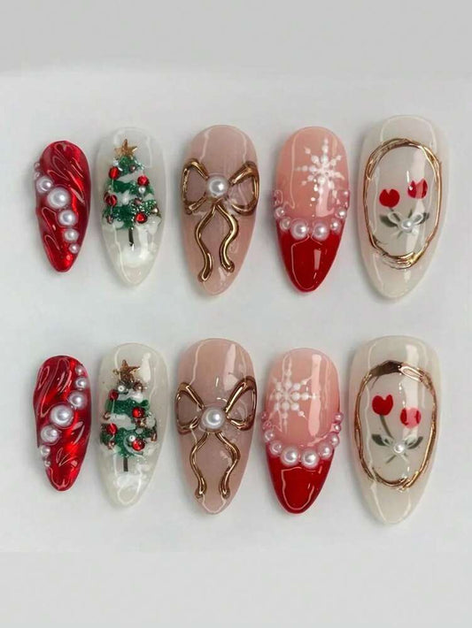 30pcs Medium Almond Red French Press On Nails, 3D Bowknot Snowflake Christmas Tree Design With Rhinestones, Glossy Holiday Nail Set For Women