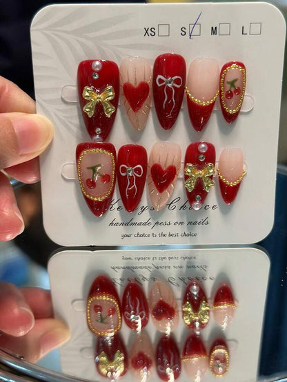 10pcs Retro Cherry Press On Nails, 3D Cherry And Bow Design With Gold Stud Accents, Handmade Y2K Vintage Nail Set For Holiday Party
