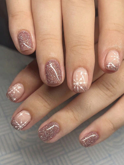 24pcs Short Square Champagne Glitter Christmas Press On Nails, Snowflake Full Cover Holiday False Nails For Women Nail Art Supplies