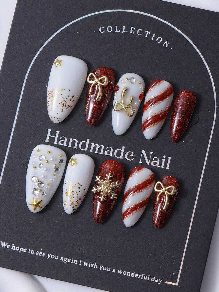 10pcs Almond Christmas Press On Nails, 3D Tree Snowman And Bow Design, Elegant Handcrafted Y2K Style Acrylic Nail Set For Women Festive Wear