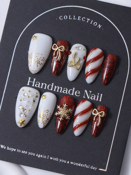 10pcs Almond Christmas Press On Nails, 3D Tree Snowman And Bow Design, Elegant Handcrafted Y2K Style Acrylic Nail Set For Women Festive Wear