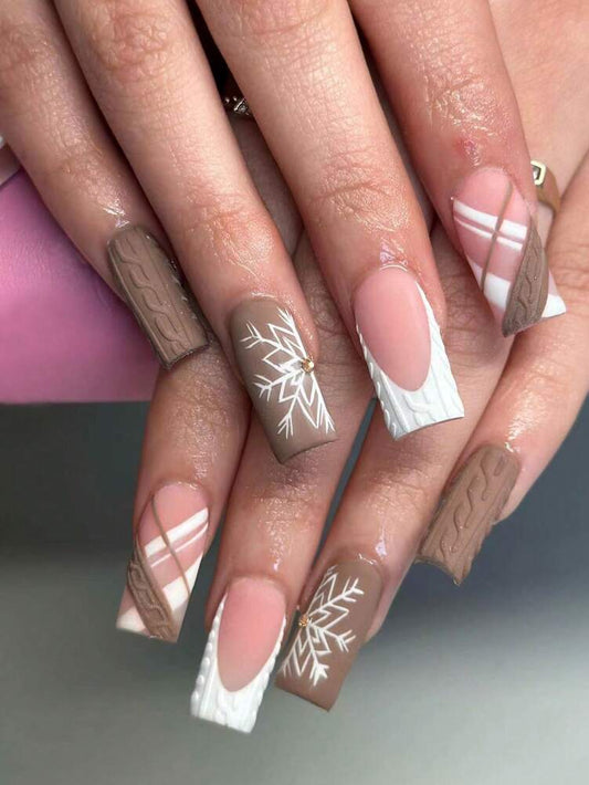 24pcs Long Square Christmas Press On Nails, Snowflake And Heart Matte French Tips, Acrylic False Nail Set With Glue & File For Holiday Wear