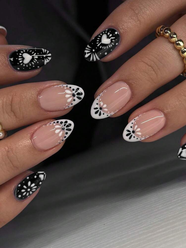 24pcs Short Oval Press On Nails, White Black French Tips With Heart And Flower Pattern, Full Cover Acrylic Nails For Women With Jelly Glue & File