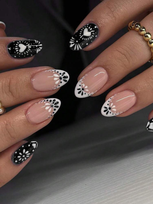 24pcs Short Oval Press On Nails, White Black French Tips With Heart And Flower Pattern, Full Cover Acrylic Nails For Women With Jelly Glue & File