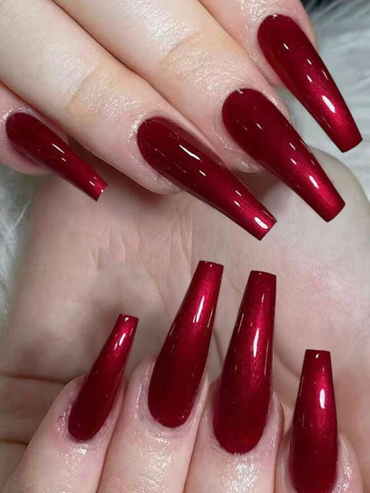 24pcs Long Coffin Red Cat Eye Press On Nails, Y2K Hot Pink Glossy Gradient Design, Acrylic Nail Set With Glue & File For Women Rave Look