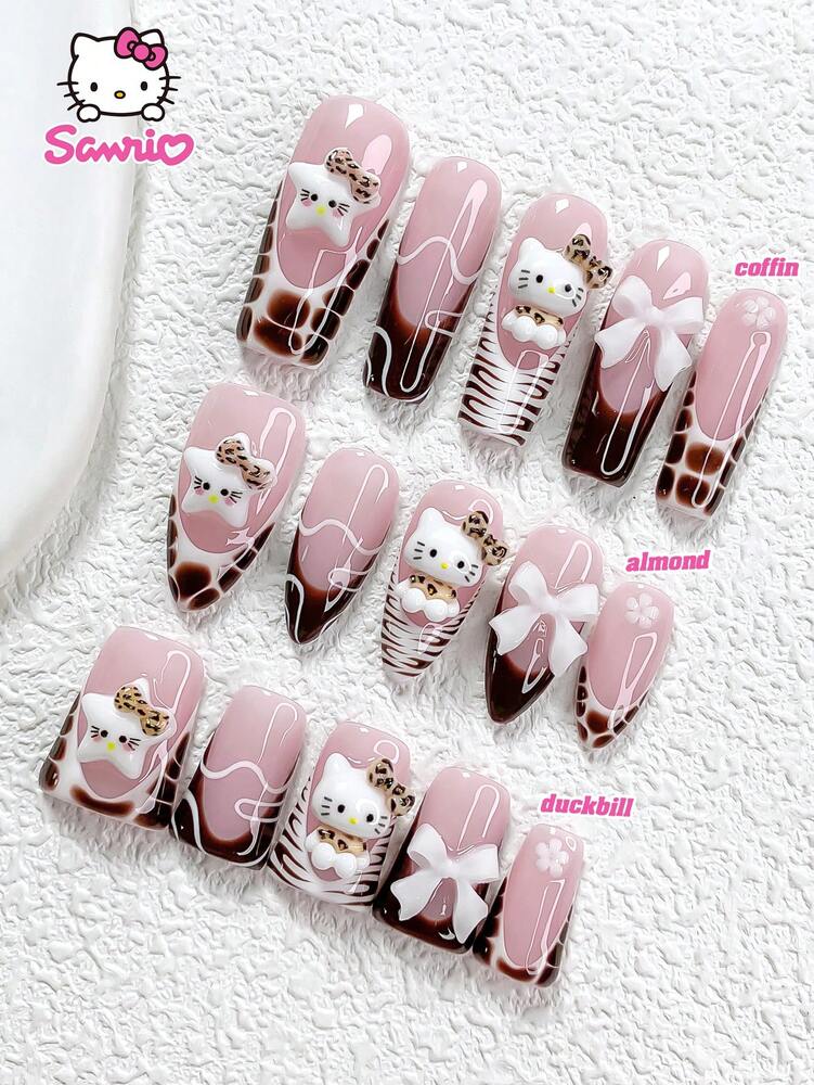10pcs Sanrio Long Coffin Press On Nails, Brown Hello Kitty With Bow And Zebra Print, Glossy French Acrylic Nail Set For Women Party Wear