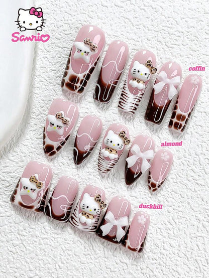 10pcs Sanrio Long Coffin Press On Nails, Brown Hello Kitty With Bow And Zebra Print, Glossy French Acrylic Nail Set For Women Party Wear