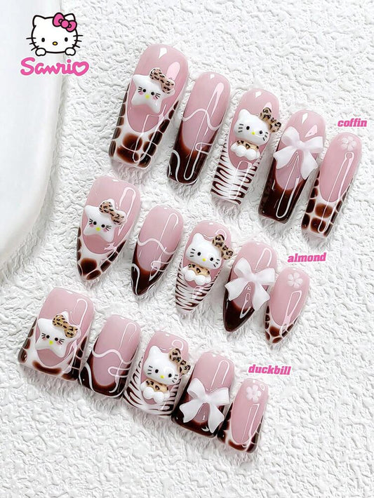 10pcs Sanrio Long Coffin Press On Nails, Brown Hello Kitty With Bow And Zebra Print, Glossy French Acrylic Nail Set For Women Party Wear