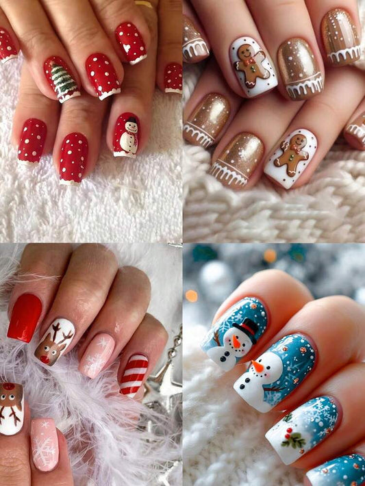 96pcs Short Square Christmas Press On Nails, Cute Gingerbread And Santa Claus Design With Snowflake Details, Acrylic Nail Kit For Winter Daily Wear