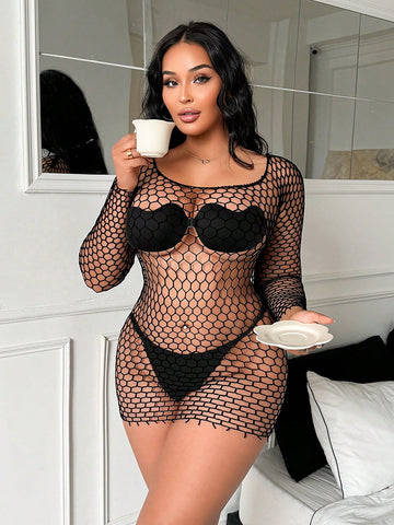Plus Size Sheer Mesh Nightgown Elastic Sexy Lingerie Sleepwear