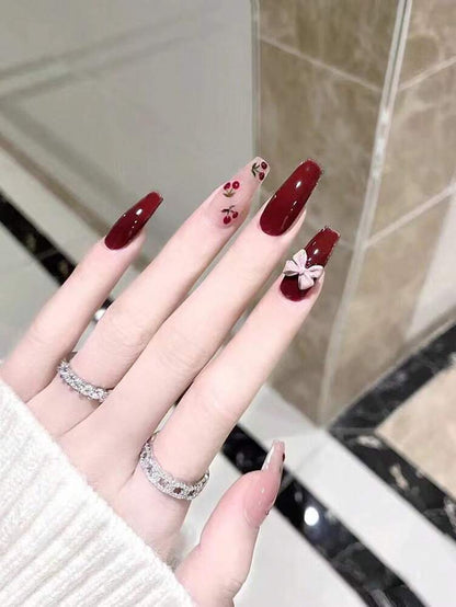 24pcs Long Coffin Cherry Press On Nails, 3D Glossy Painted Fruit Design, Handmade Acrylic Nail Set With Glue & File For Women Party Wear
