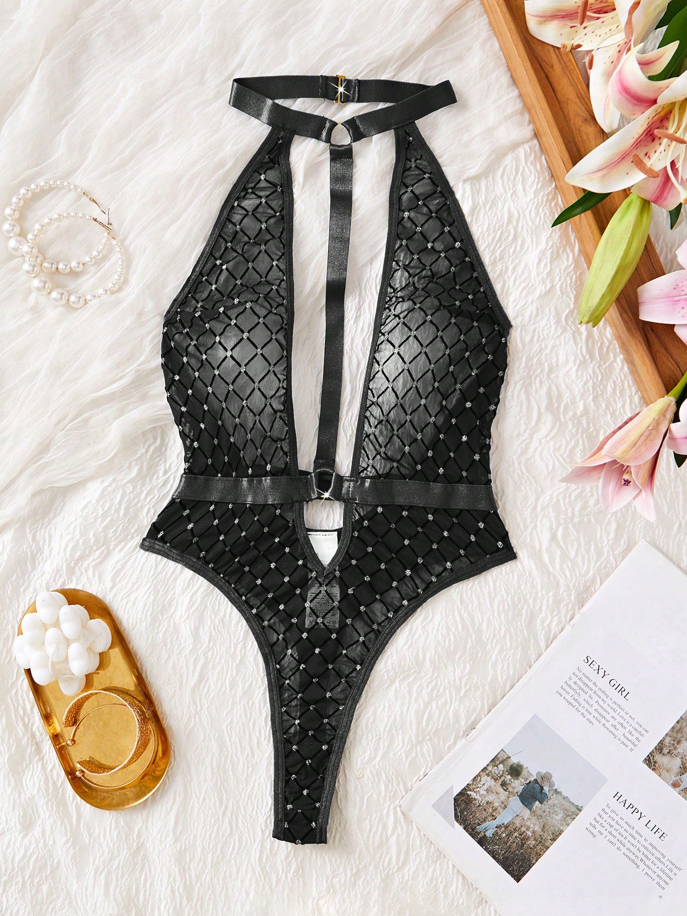Sexy Rhinestone Halter Neck Bodysuit for Rave