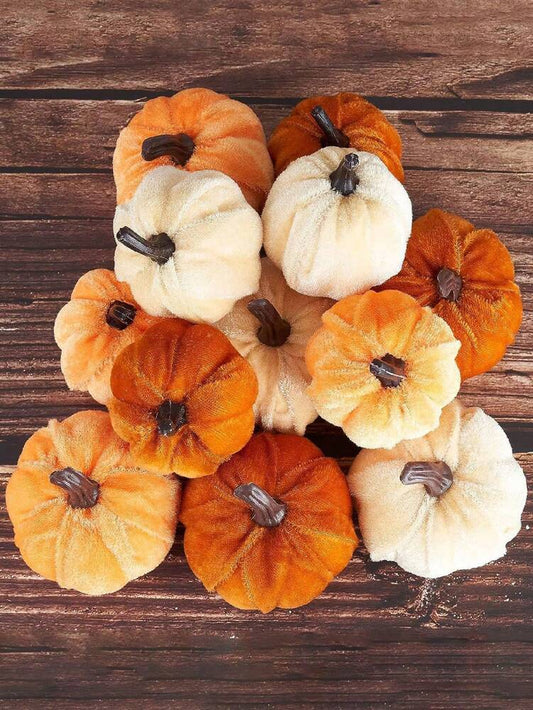 12pcs Faux Velvet Mini Pumpkins, Farmhouse Fall Decorations, Assorted Soft Fabric Pumpkins for Thanksgiving Table & Home Decor