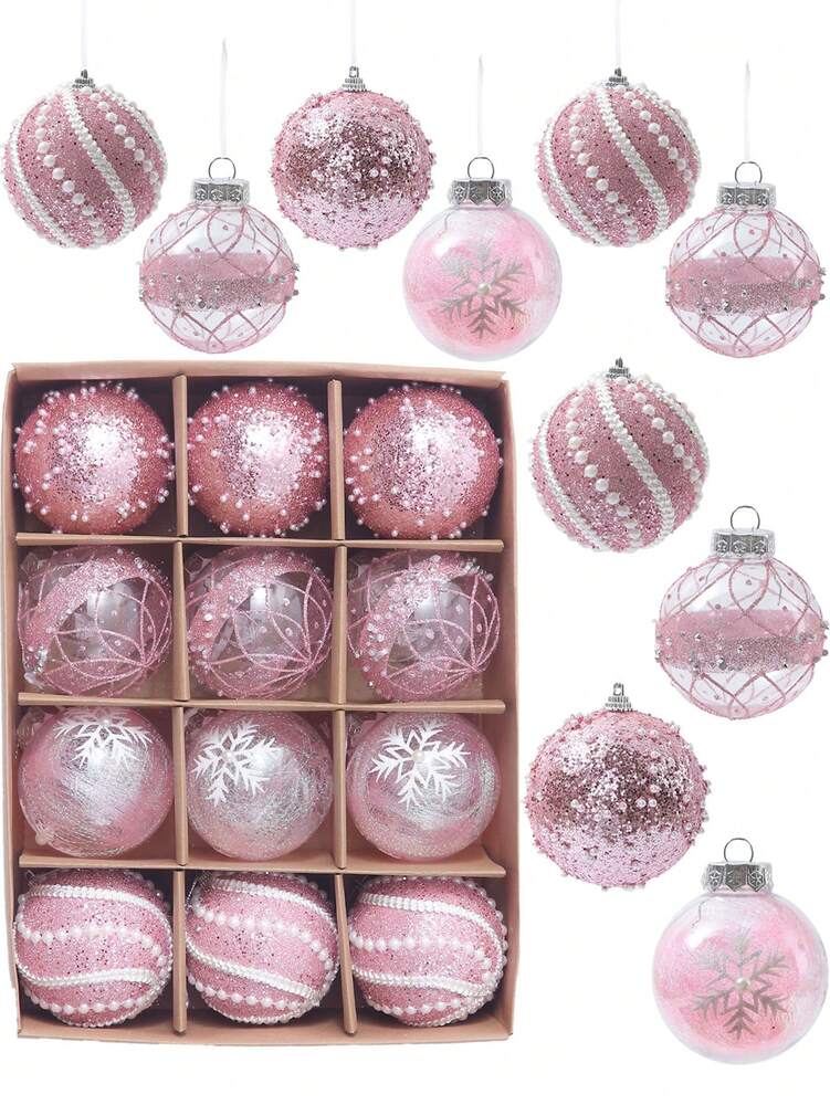 12pcs Clear Pink Christmas Ball Ornaments, 3.15-Inch Shatterproof Decorative Tree Baubles, Elegant Rustic Hanging Decorations for Holiday Parties