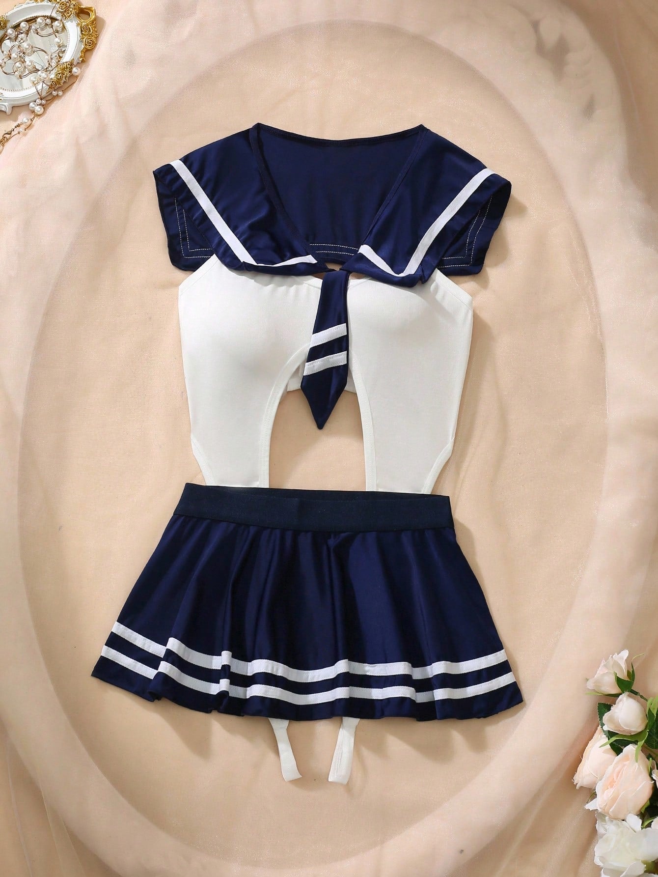 3pcs Open Crotch Contrast Color Navy Collar Tie Bodysuit With Short Pleated Skirt, Bow Decor, Mesh Skirt Hem, Frill Trim, Sexy Bodysuit For Women  Cozy And Elegant Details