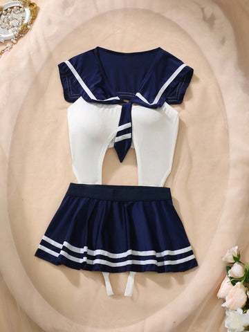 3pcs Open Crotch Contrast Color Navy Collar Tie Bodysuit With Short Pleated Skirt, Bow Decor, Mesh Skirt Hem, Frill Trim, Sexy Bodysuit For Women  Cozy And Elegant Details