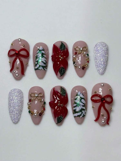 10pcs Christmas Nail Stickers With 3D Floral & Tree Design, Red And Green Glitter Nail Wraps, Long Lasting Press On Nails Gift Set For Women