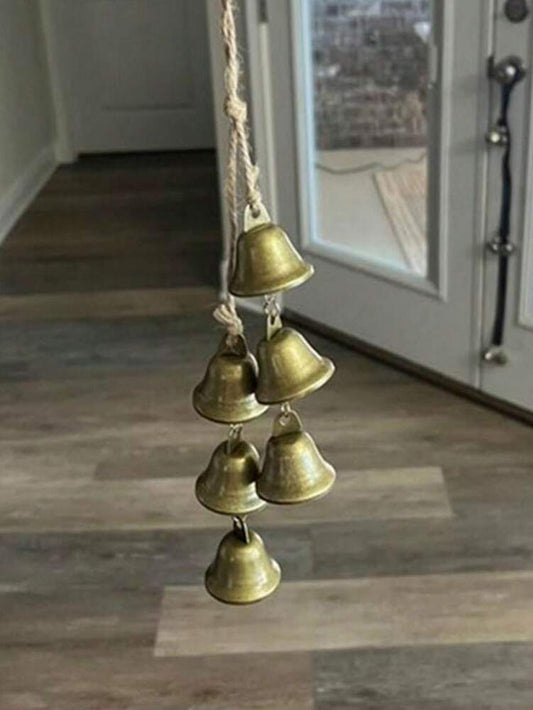 6pcs Retro Bronze Christmas Bell Ornaments, Jute Rope Hanging Bells with Iron Wind Chime Design, Vintage Holiday Decorations for Wreaths & Home Walls