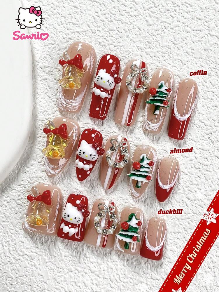10pcs Christmas Press On Nails, 3D Hello Kitty Red French Tips With Bells And Wreath Charms, Handmade Snowflake Design Acrylic Nails Holiday Gift