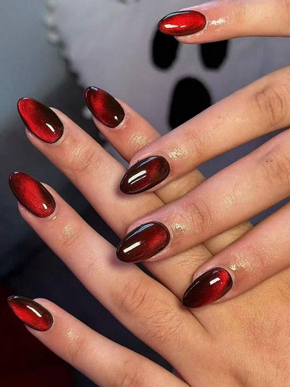 24pcs Short Oval Red Cat Eye Press On Nails, Y2K Blood-Red Glossy Acrylic Nail Set With Jelly Glue & File For Women Daily Or Study Wear