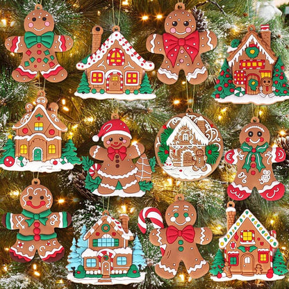 12pcs Gingerbread House Hanging Ornaments, Cute Christmas Tree Decorations for Home, Parties, and Holiday Gift Giving