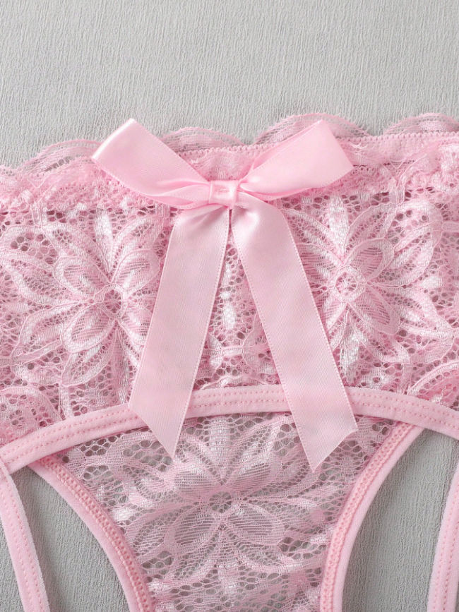 Sexy Backside Open Bowknot Lace Patchwork Panties Bowknot For Going Out
